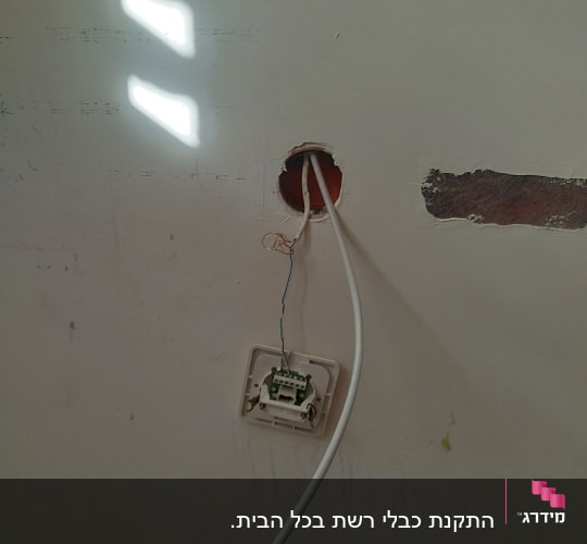 שקע רשת פתוח עם כבלים חשופים בקיר